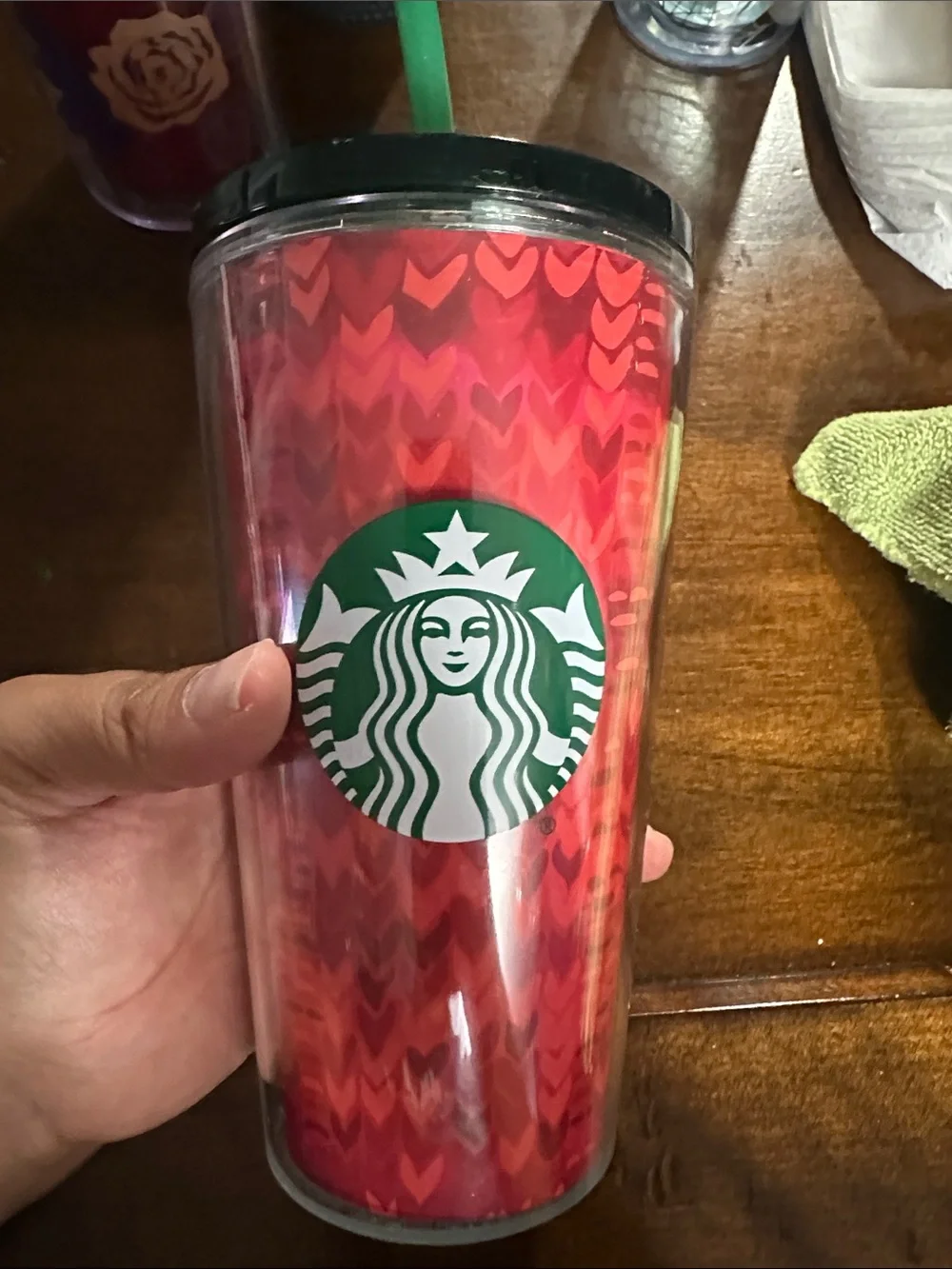 Starbucks Red Heart Pattern Stainless Tumbler with Green Logo